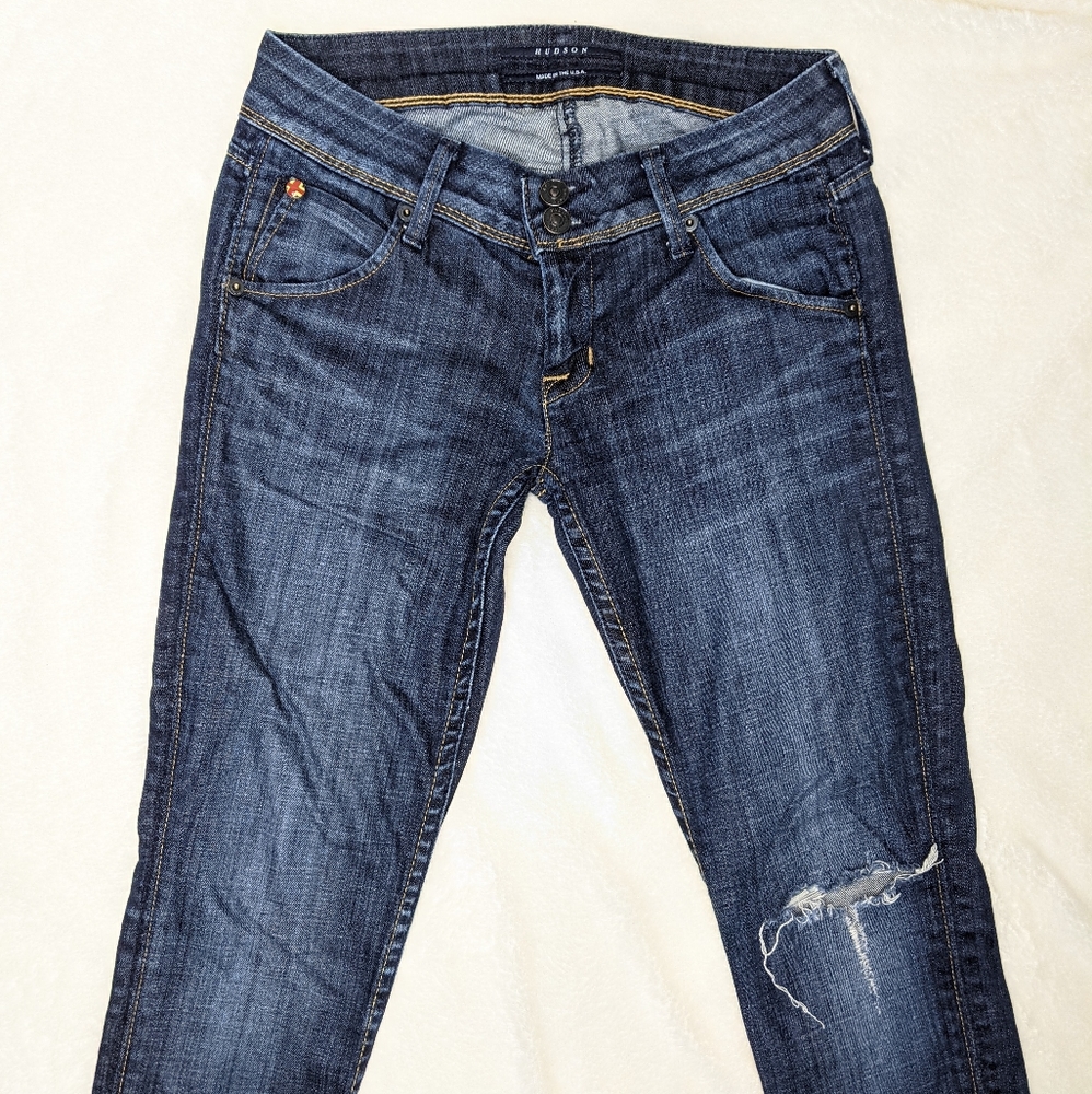 Hudson women's size 25 straight leg distressed medium dark wash jeans cutoff